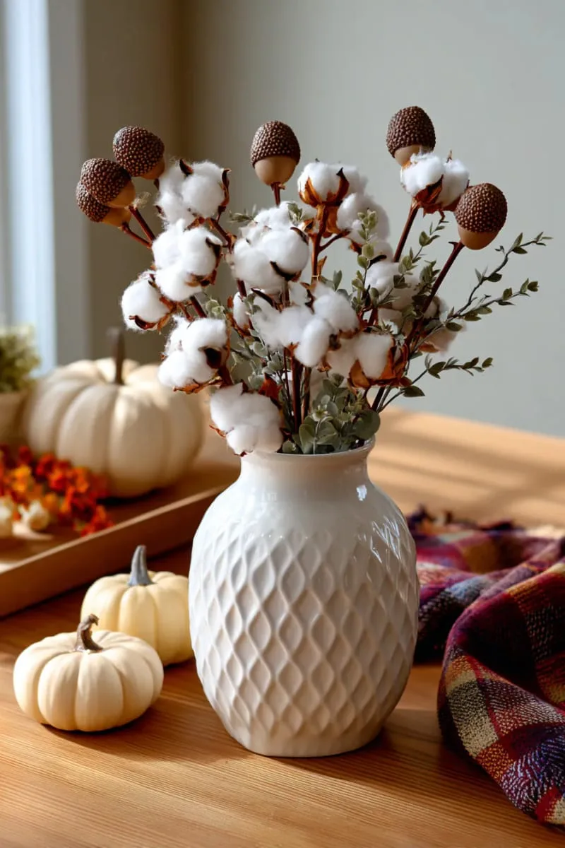 acorn and cotton stem bouquet in milk glass vase 1