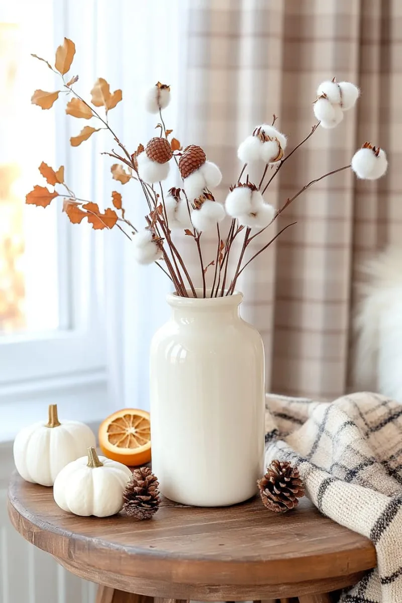 acorn and cotton stem bouquet in milk glass vase 1