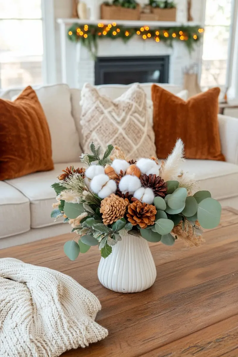 acorn and cotton stem bouquet in milk glass vase 1