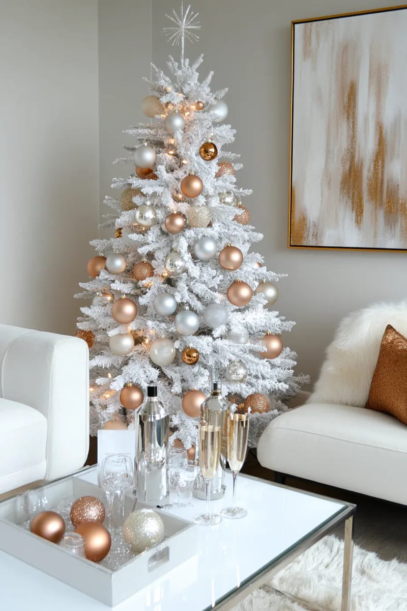 adorn a white tree with only champagne and silver baubles for winter chic. 1