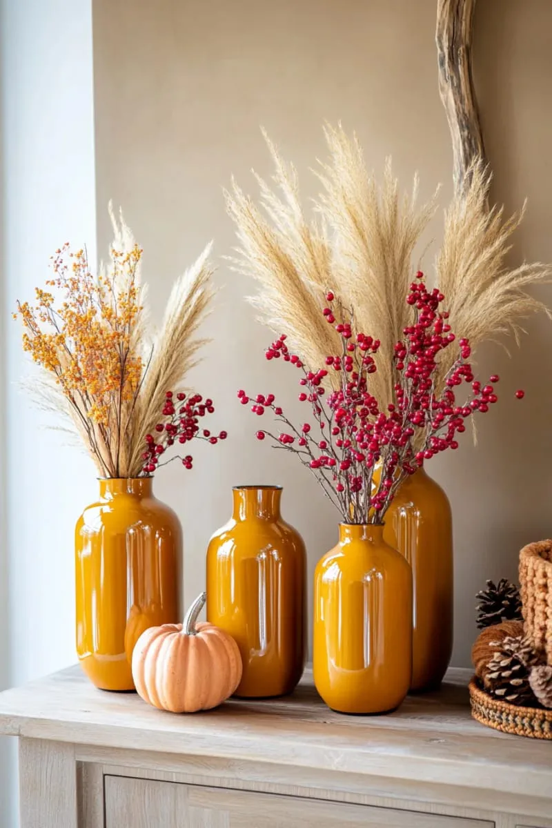amber glass vases with dried pampas and red berries 1