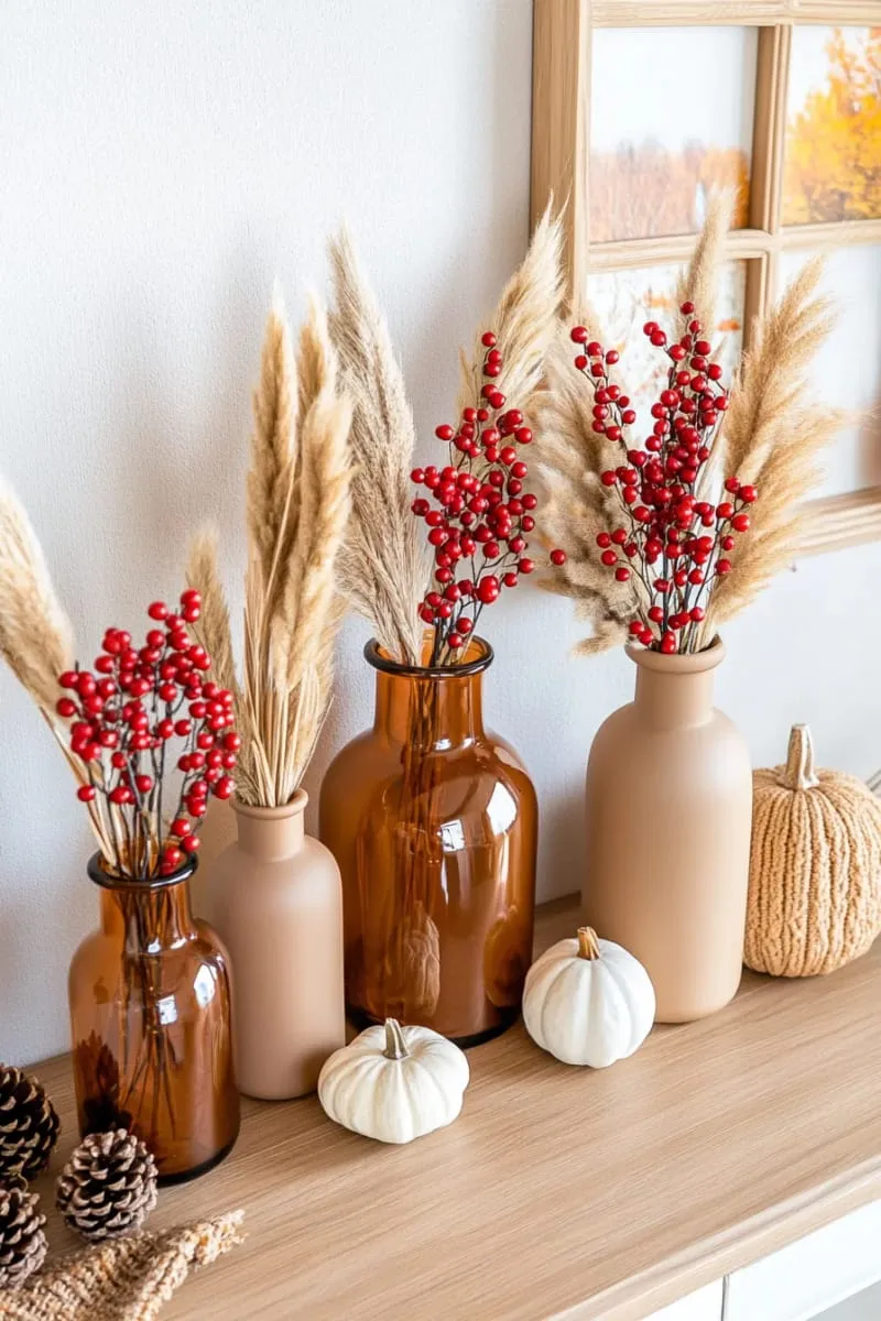 amber glass vases with dried pampas and red berries 1