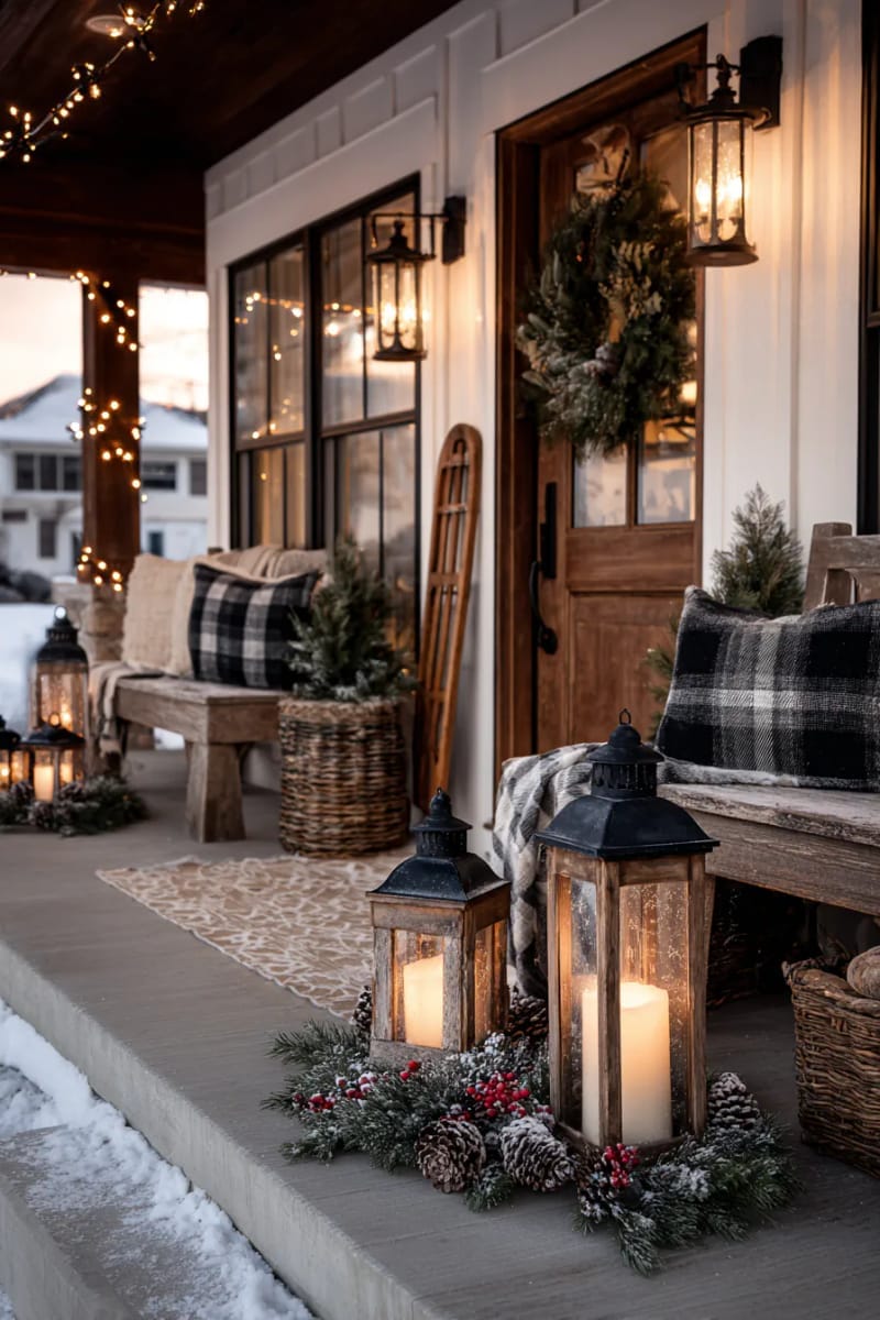 antique lanterns with pillar candles and snow-dusted pinecones 1