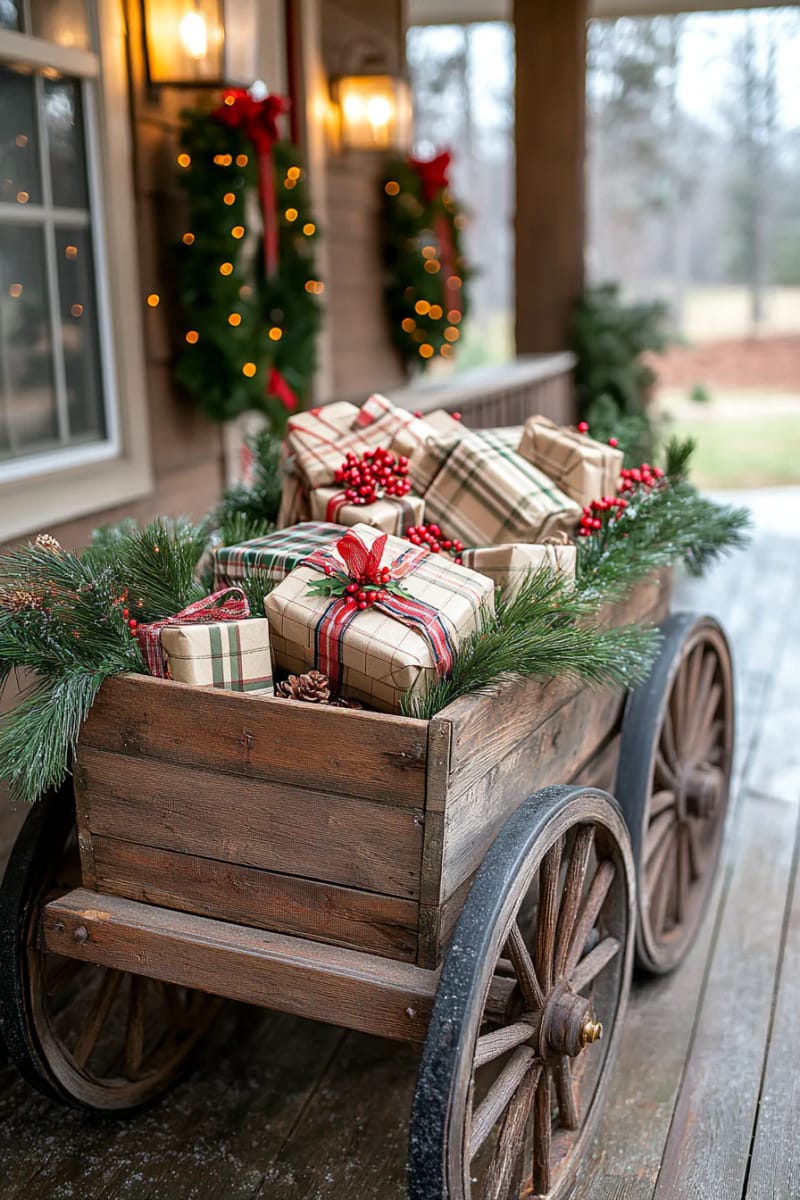 antique wagon filled with wrapped “gifts” and pine boughs for a nostalgic touch 1