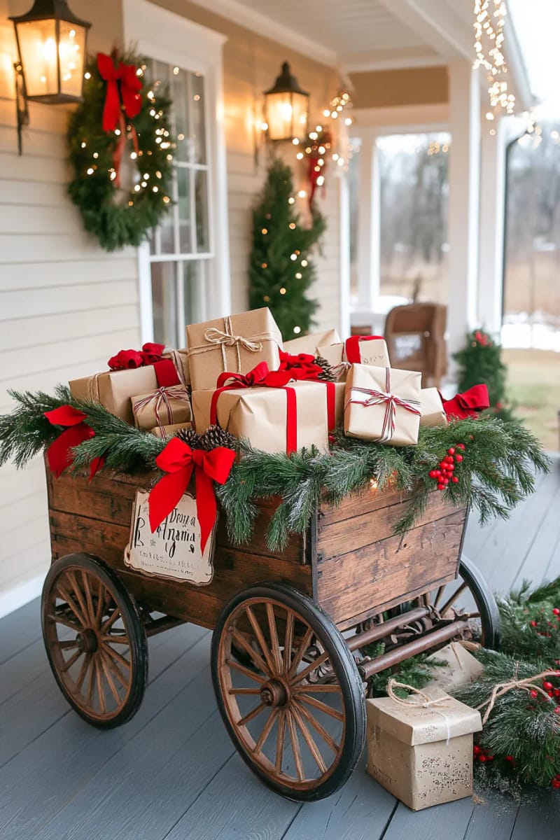 antique wagon filled with wrapped “gifts” and pine boughs for a nostalgic touch 1