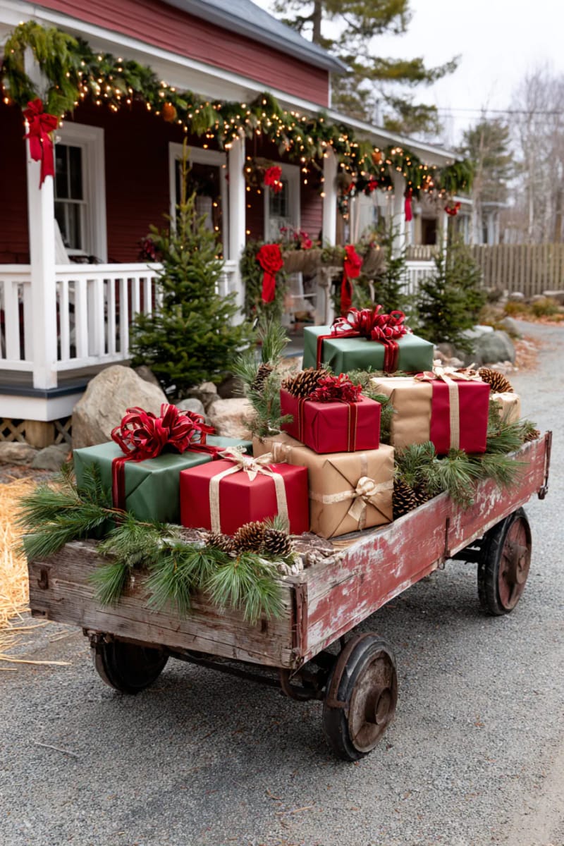 antique wagon filled with wrapped “gifts” and pine boughs for a nostalgic touch 1