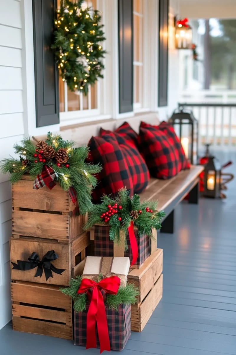 antique wooden crates stacked with wrapped faux gifts and lanterns 1