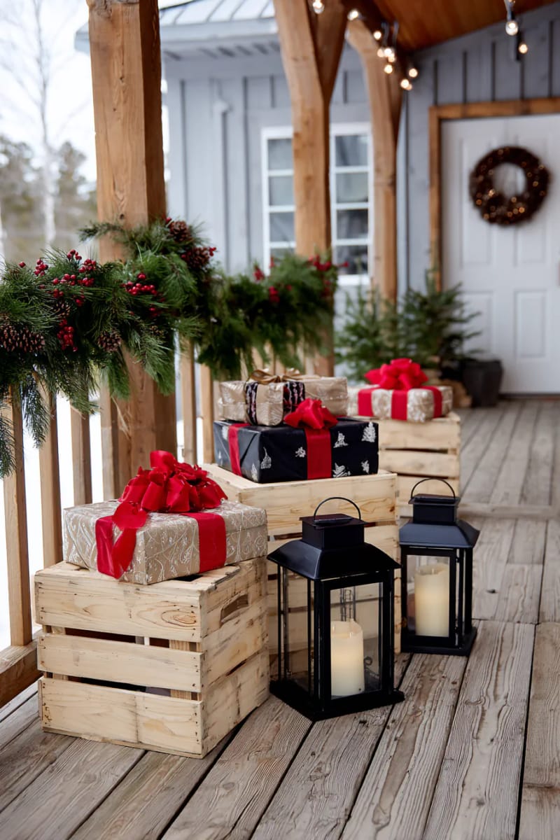 antique wooden crates stacked with wrapped faux gifts and lanterns 1