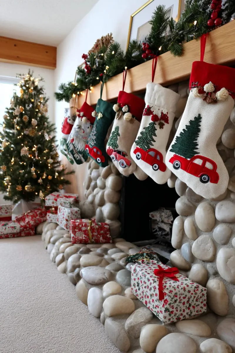 appliqué retro christmas motifs like vintage cars with trees or santas 1