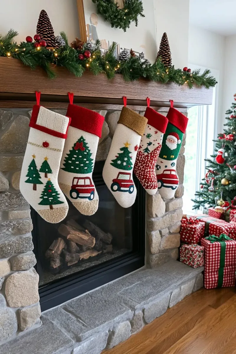 appliqué retro christmas motifs like vintage cars with trees or santas 1