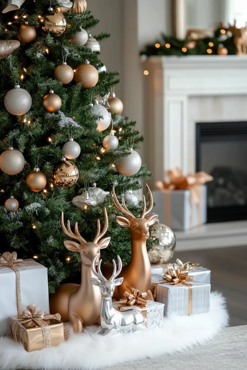 arrange a trio of metallic deer statues beneath a classic christmas tree. 1