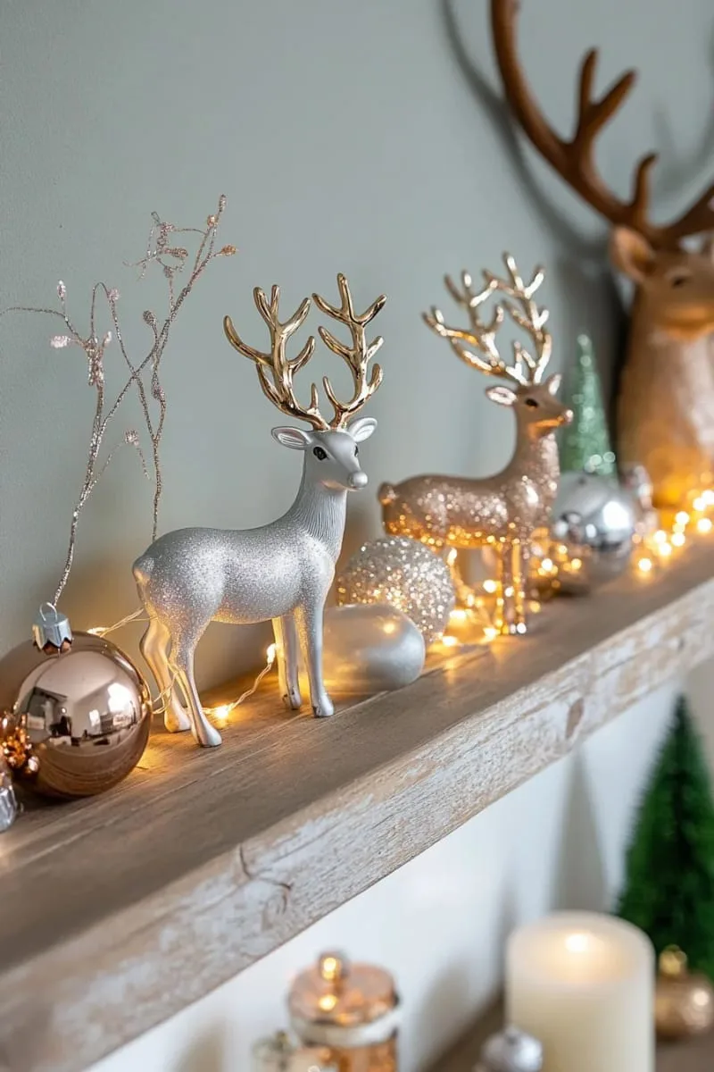 arrange metallic reindeer figurines with tiny fairy lights on a wooden shelf. 1