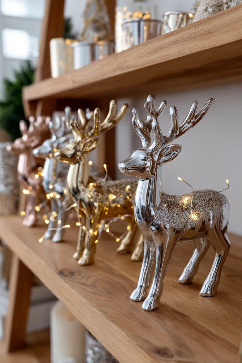 arrange metallic reindeer figurines with tiny fairy lights on a wooden shelf. 1