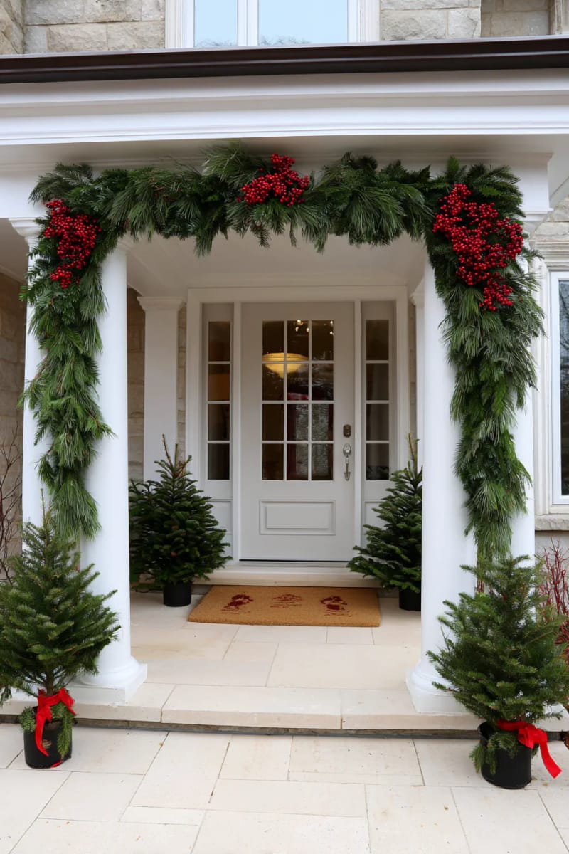 asymmetrical garland framing the door, topped with clusters of bright red berries 1
