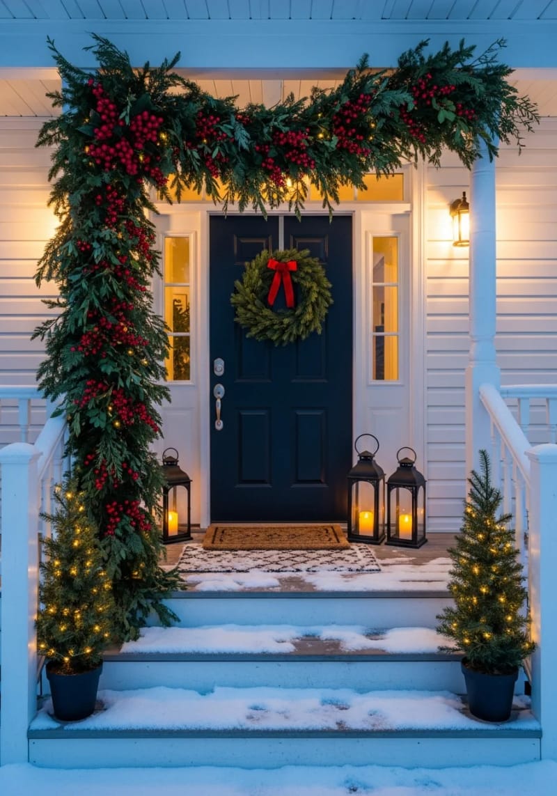 asymmetrical garland framing the door, topped with clusters of bright red berries 1