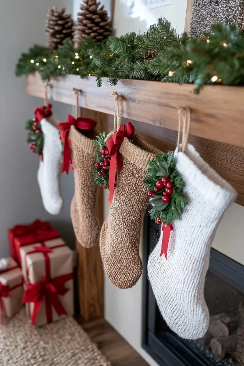 attach mini wreaths made of twine and greenery to the stocking loop 1