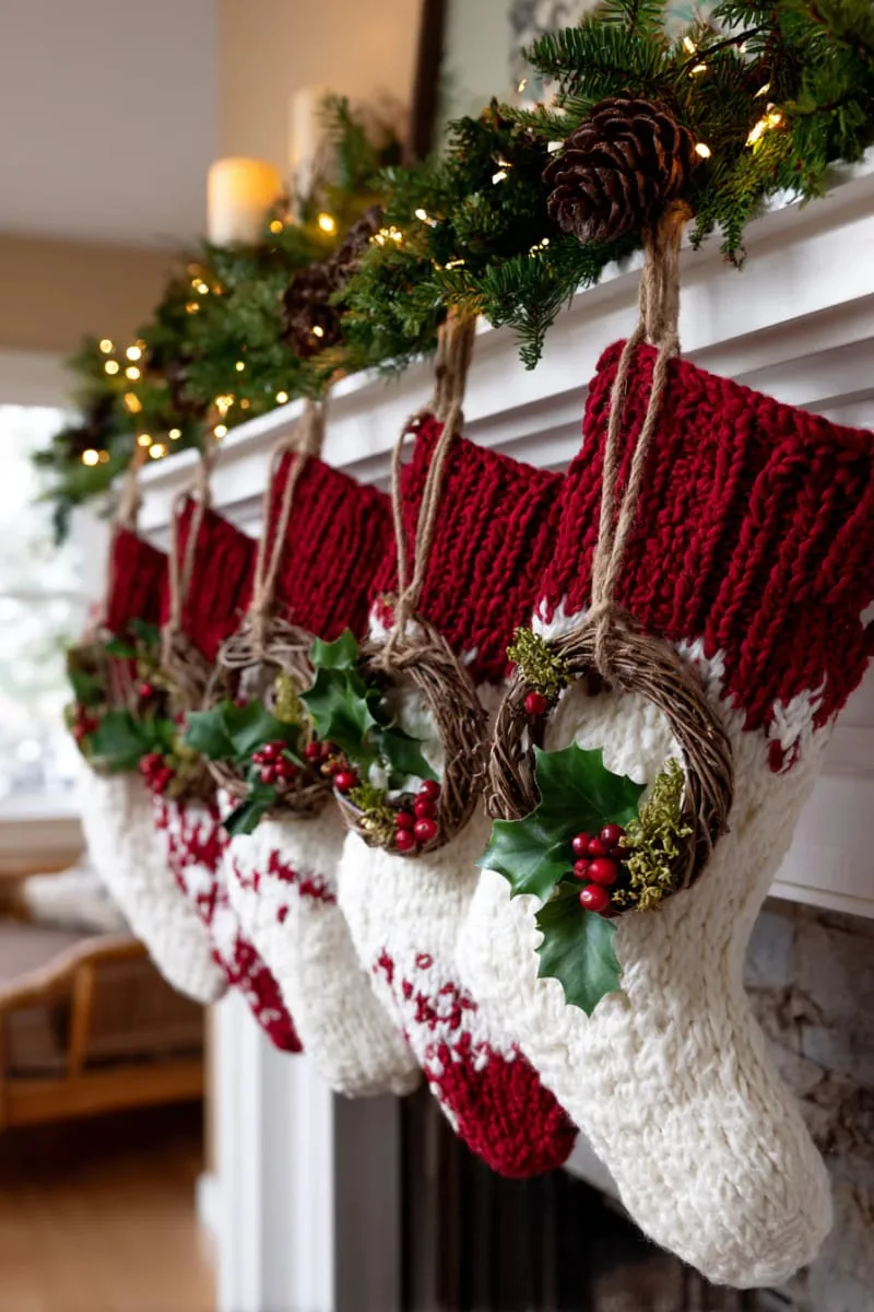 attach mini wreaths made of twine and greenery to the stocking loop 1