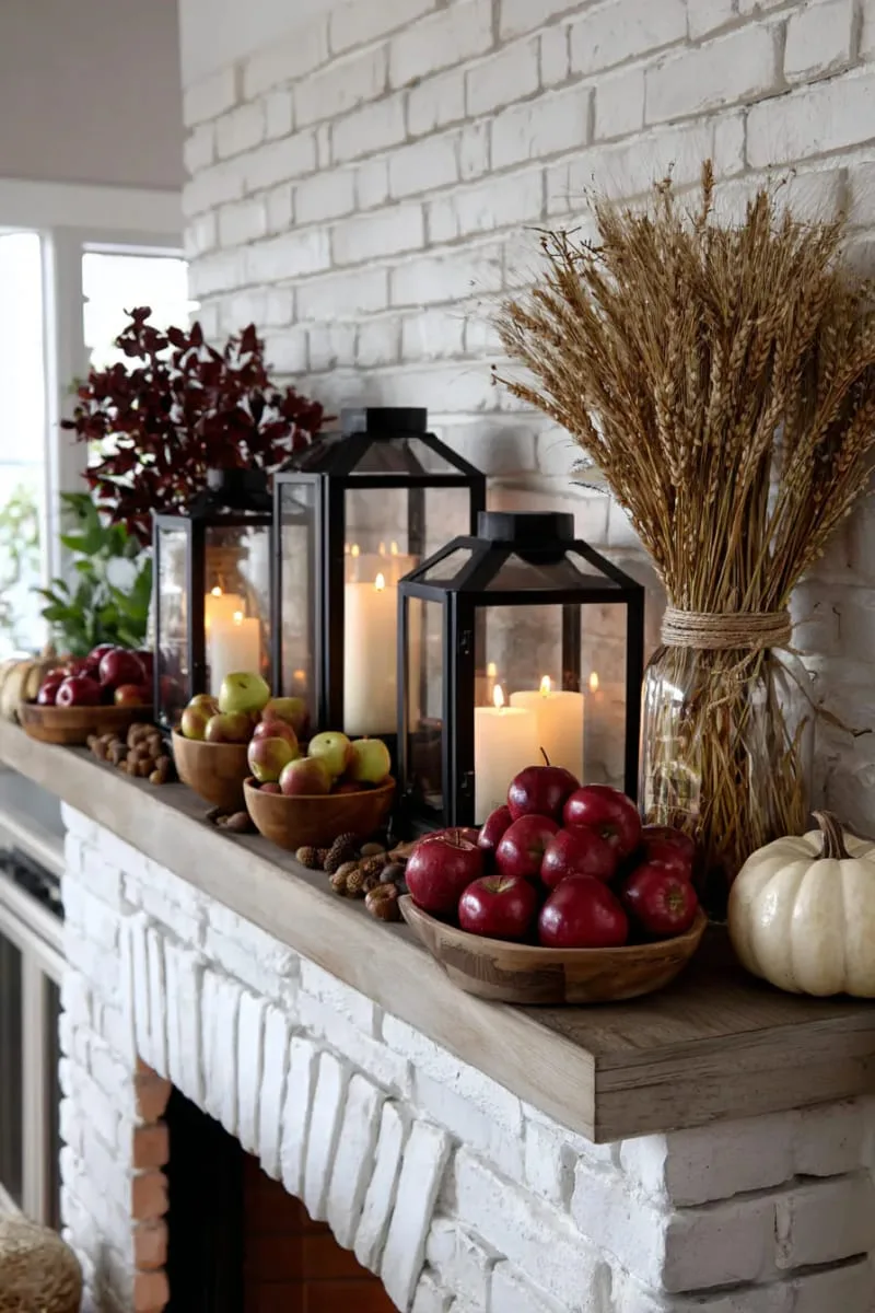 autumn harvest mantel with apples, lanterns, and wheat stalks 1