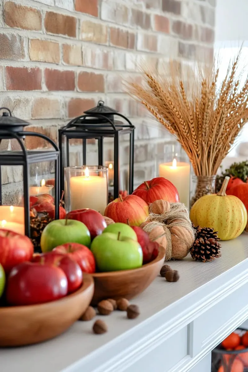 autumn harvest mantel with apples, lanterns, and wheat stalks 1