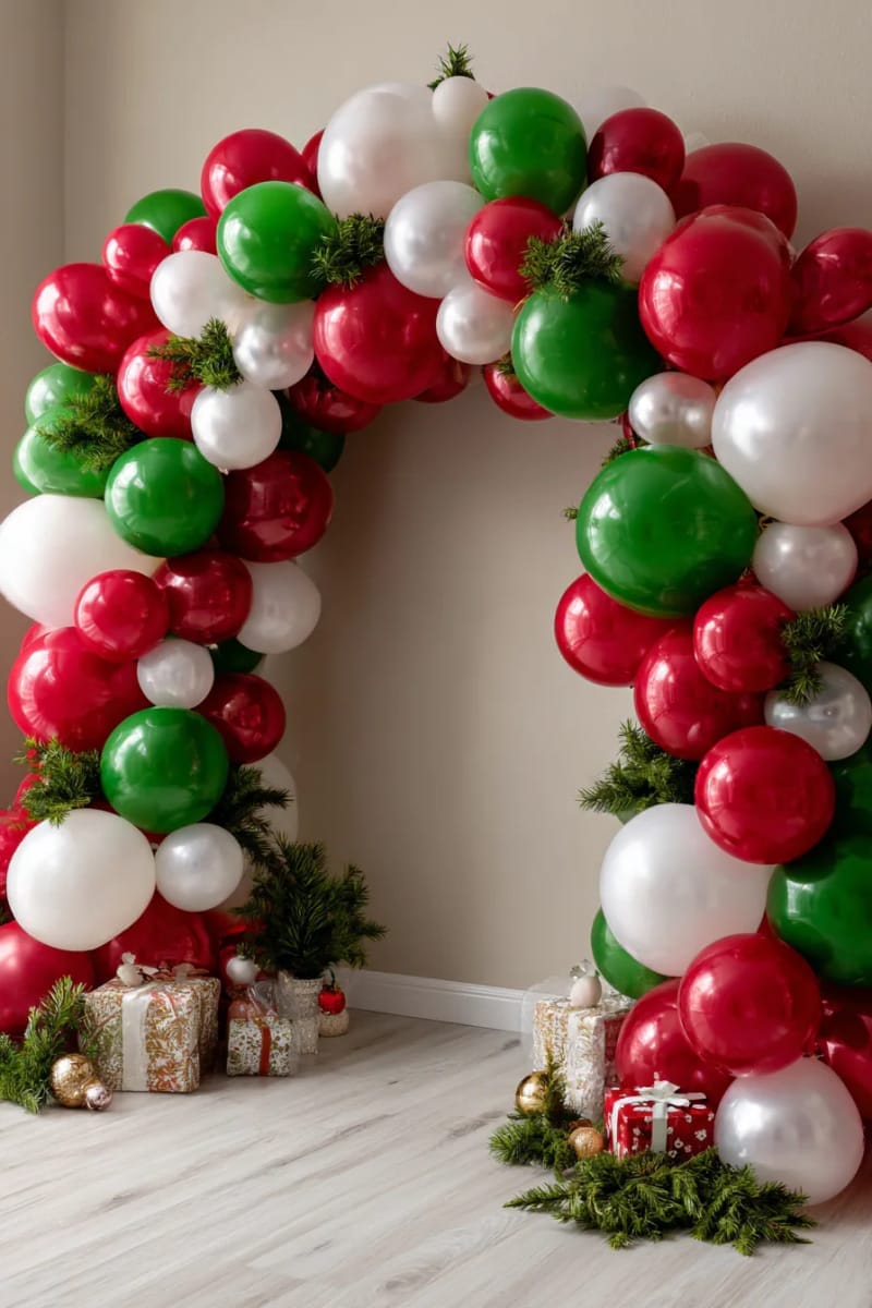 balloon arch in red, green, and white for photo booth backdrop 1