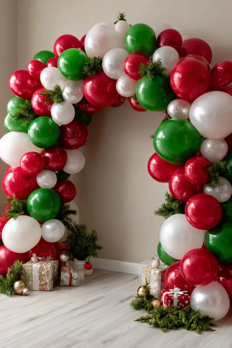 21 Christmas Balloon Decor Ideas for a Fun and Festive Holiday 32 balloon arch in red, green, and white for photo booth backdrop 1