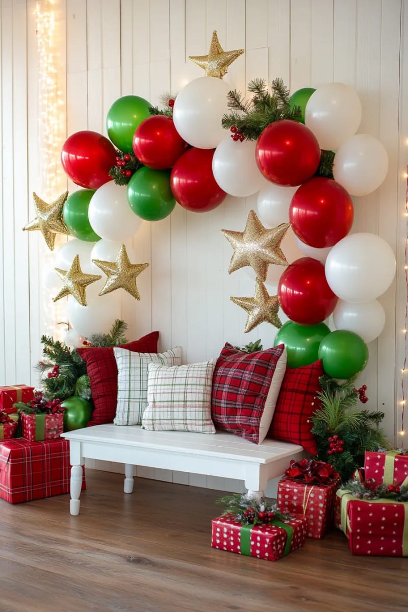 balloon arch in red, green, and white for photo booth backdrop 1