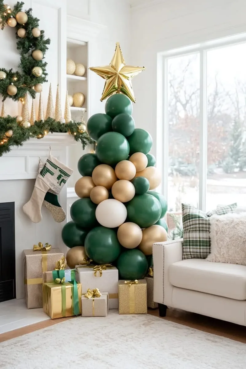 21 Christmas Balloon Decor Ideas for a Fun and Festive Holiday 2 balloon christmas tree with metallic green, gold, and star topper centerpiece 1