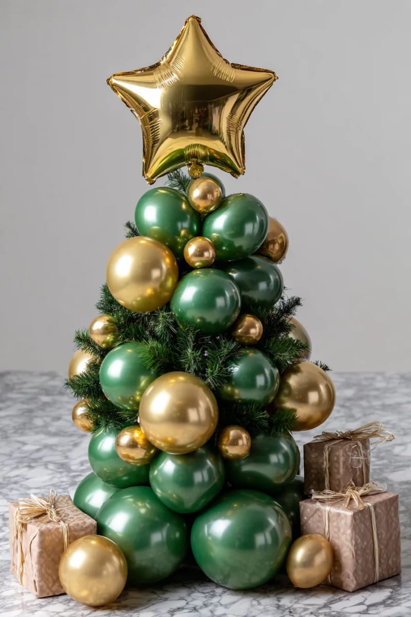 balloon christmas tree with metallic green, gold, and star topper centerpiece 1