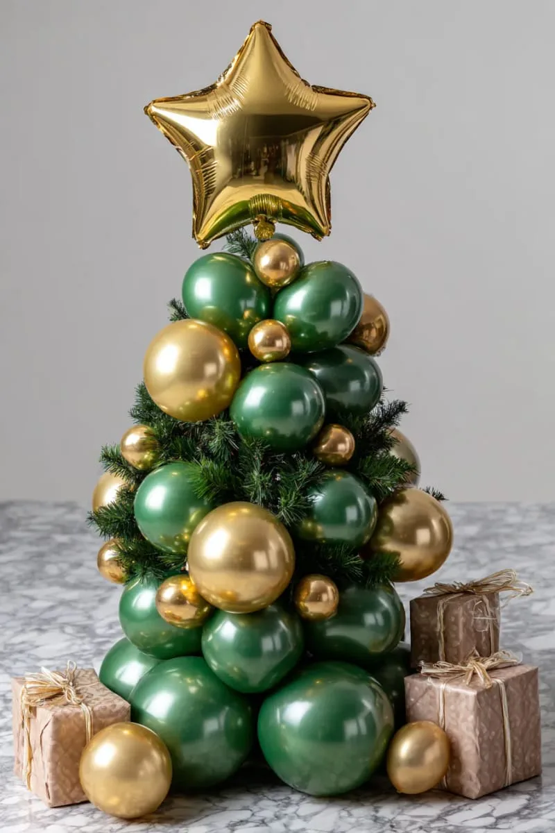 21 Christmas Balloon Decor Ideas for a Fun and Festive Holiday 3 balloon christmas tree with metallic green, gold, and star topper centerpiece 1