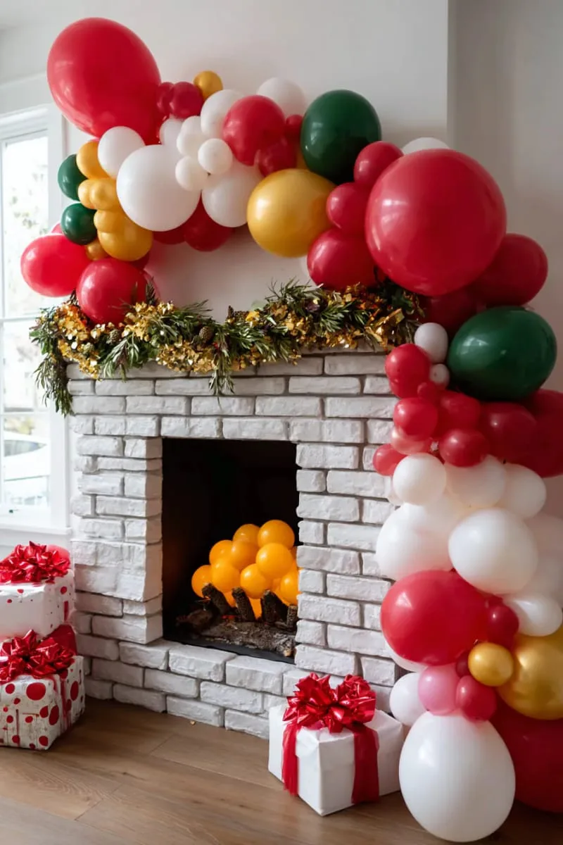 21 Christmas Balloon Decor Ideas for a Fun and Festive Holiday 27 balloon fireplace with “flames” in orange and yellow for cozy vibes 1