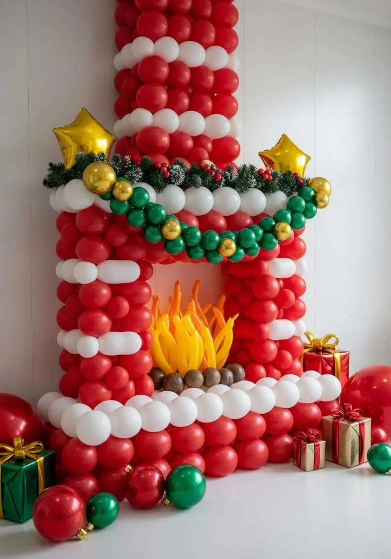 21 Christmas Balloon Decor Ideas for a Fun and Festive Holiday 28 balloon fireplace with “flames” in orange and yellow for cozy vibes 1