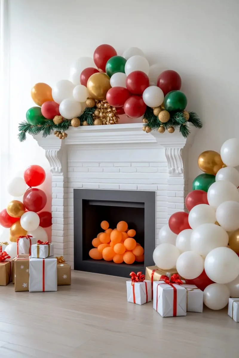 21 Christmas Balloon Decor Ideas for a Fun and Festive Holiday 29 balloon fireplace with “flames” in orange and yellow for cozy vibes 1