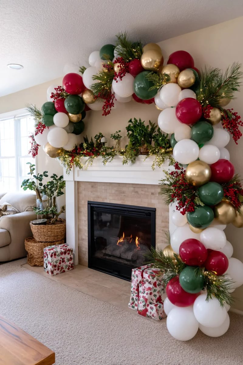 balloon garland framing a fireplace mantle with pine, berries, and fairy lights 1