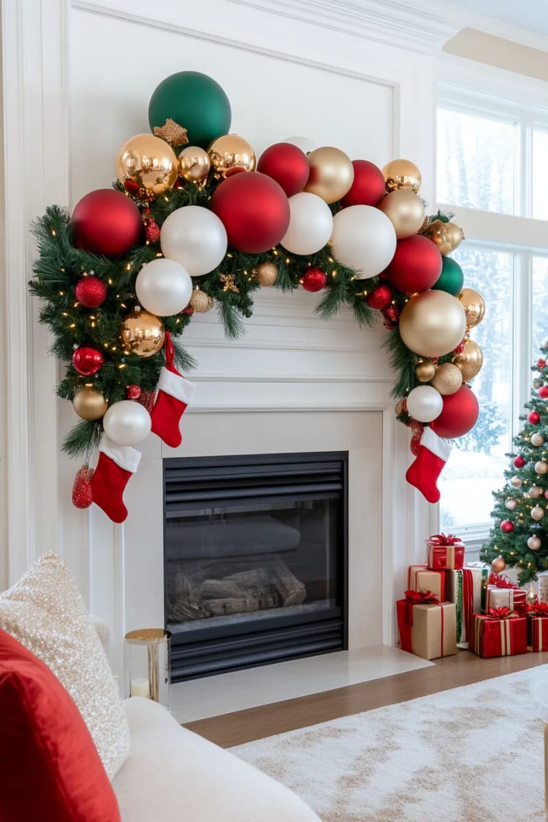 balloon garland framing a fireplace mantle with pine, berries, and fairy lights 1
