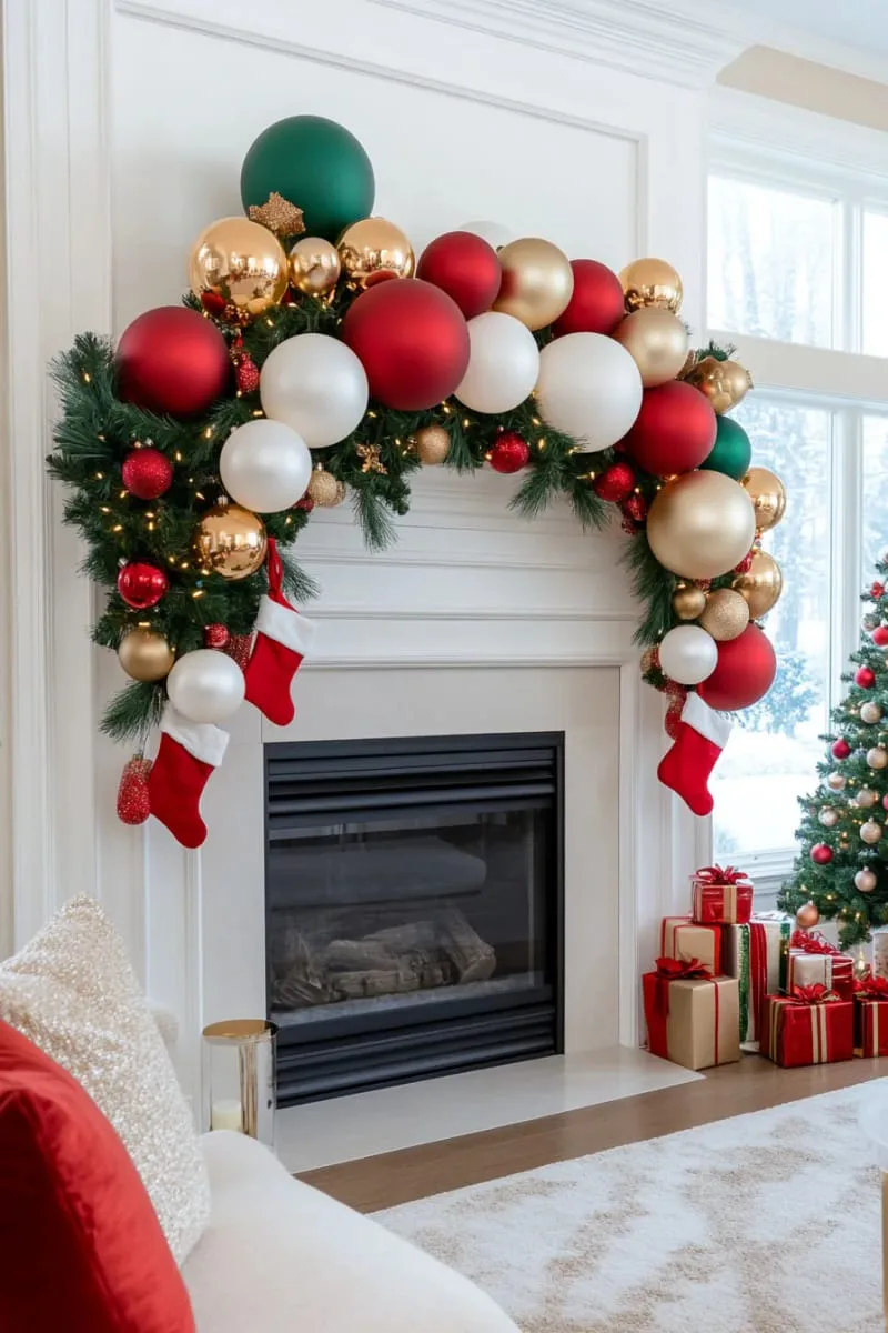 21 Christmas Balloon Decor Ideas for a Fun and Festive Holiday 11 balloon garland framing a fireplace mantle with pine, berries, and fairy lights 1