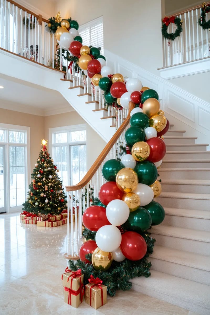 balloon garland trailing up a staircase, interlaced with ribbon and pine 1