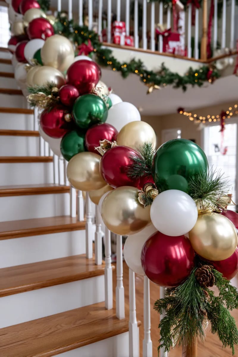 balloon garland trailing up a staircase, interlaced with ribbon and pine 1