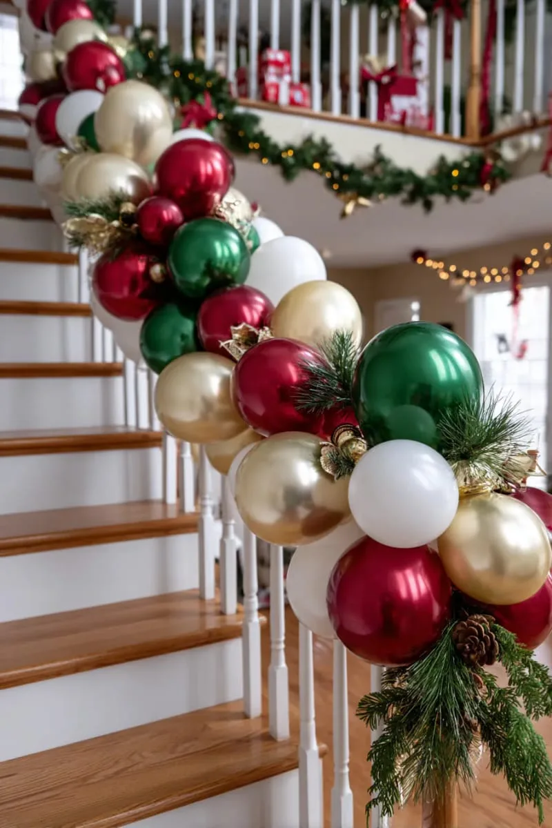 21 Christmas Balloon Decor Ideas for a Fun and Festive Holiday 37 balloon garland trailing up a staircase, interlaced with ribbon and pine 1