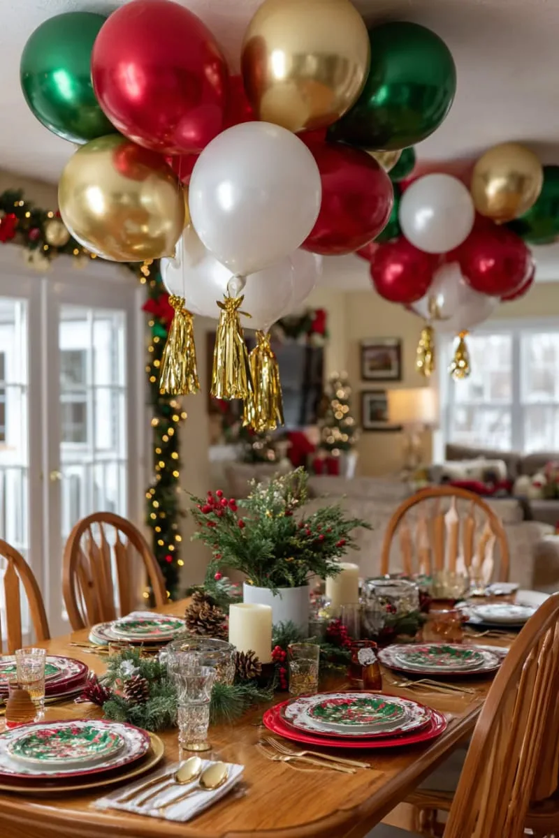 21 Christmas Balloon Decor Ideas for a Fun and Festive Holiday 25 balloon ornament clusters hanging from the ceiling above the dinner table 1