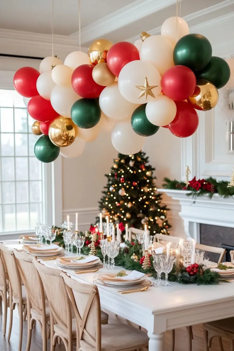 21 Christmas Balloon Decor Ideas for a Fun and Festive Holiday 26 balloon ornament clusters hanging from the ceiling above the dinner table 1