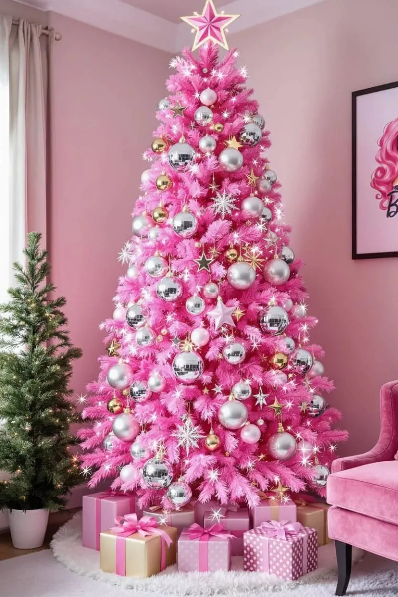 barbiecore-inspired pink christmas tree with metallic ornaments and disco balls 1