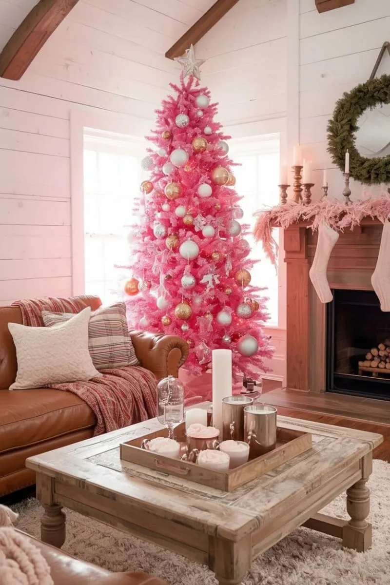 barbiecore-inspired pink christmas tree with metallic ornaments and disco balls 1