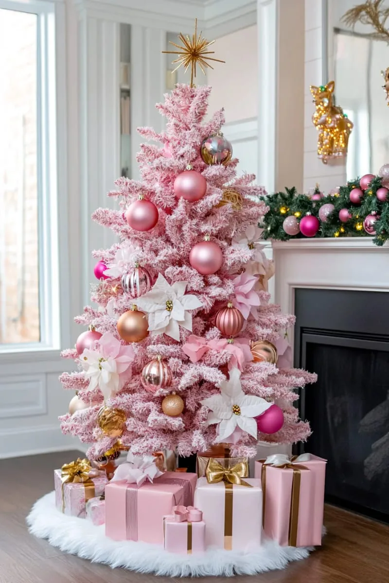 21 Whimsical Colorful Christmas Trees That Wow! 27 barbiecore pink tree with blush, magenta, and rose gold accents 1