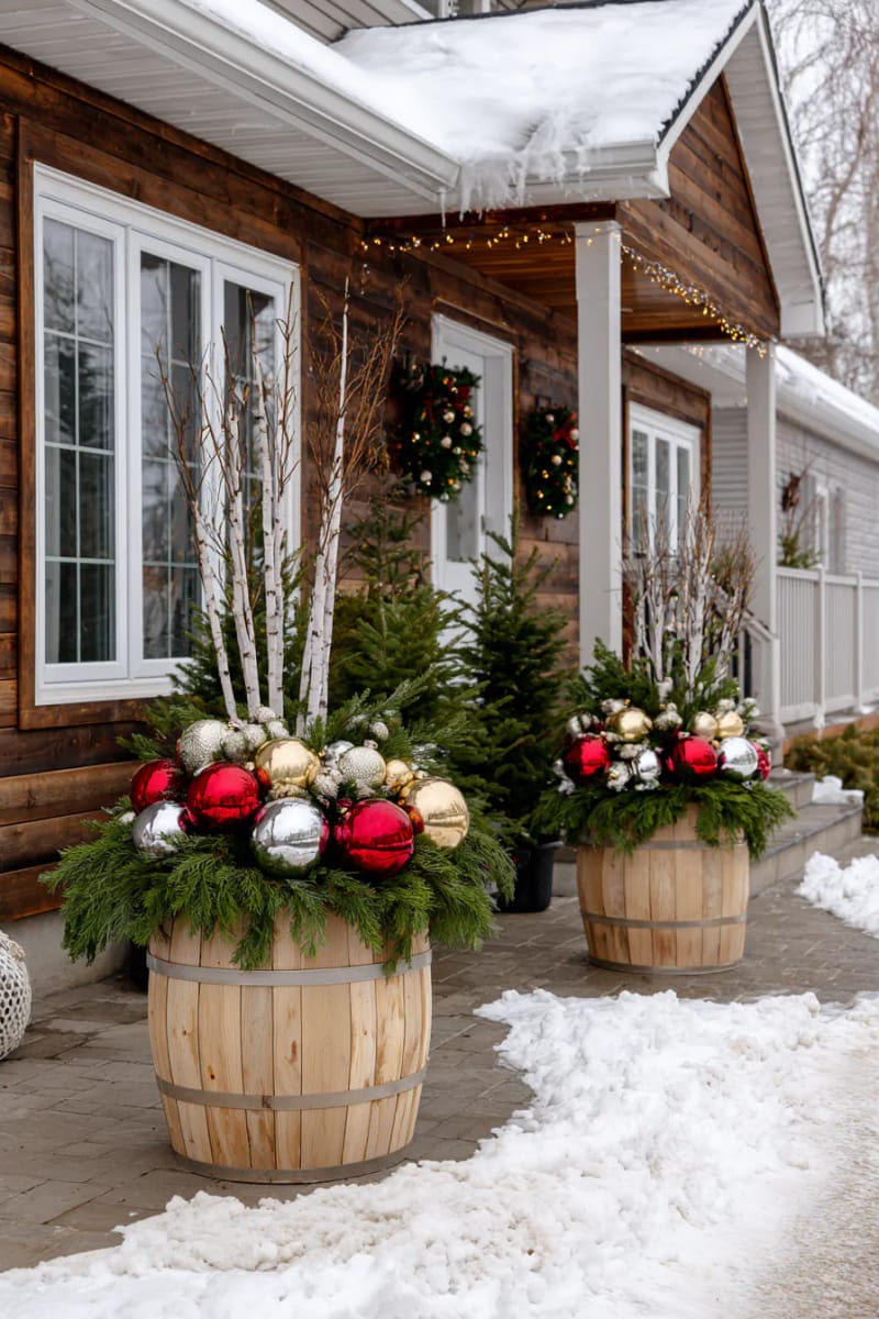 barrel planters overflowing with cedar, birch branches, and giant christmas ornaments 1