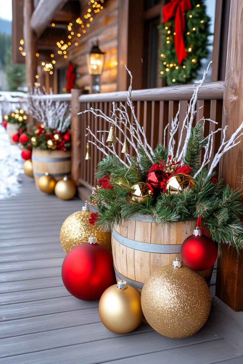 barrel planters overflowing with cedar, birch branches, and giant christmas ornaments 1