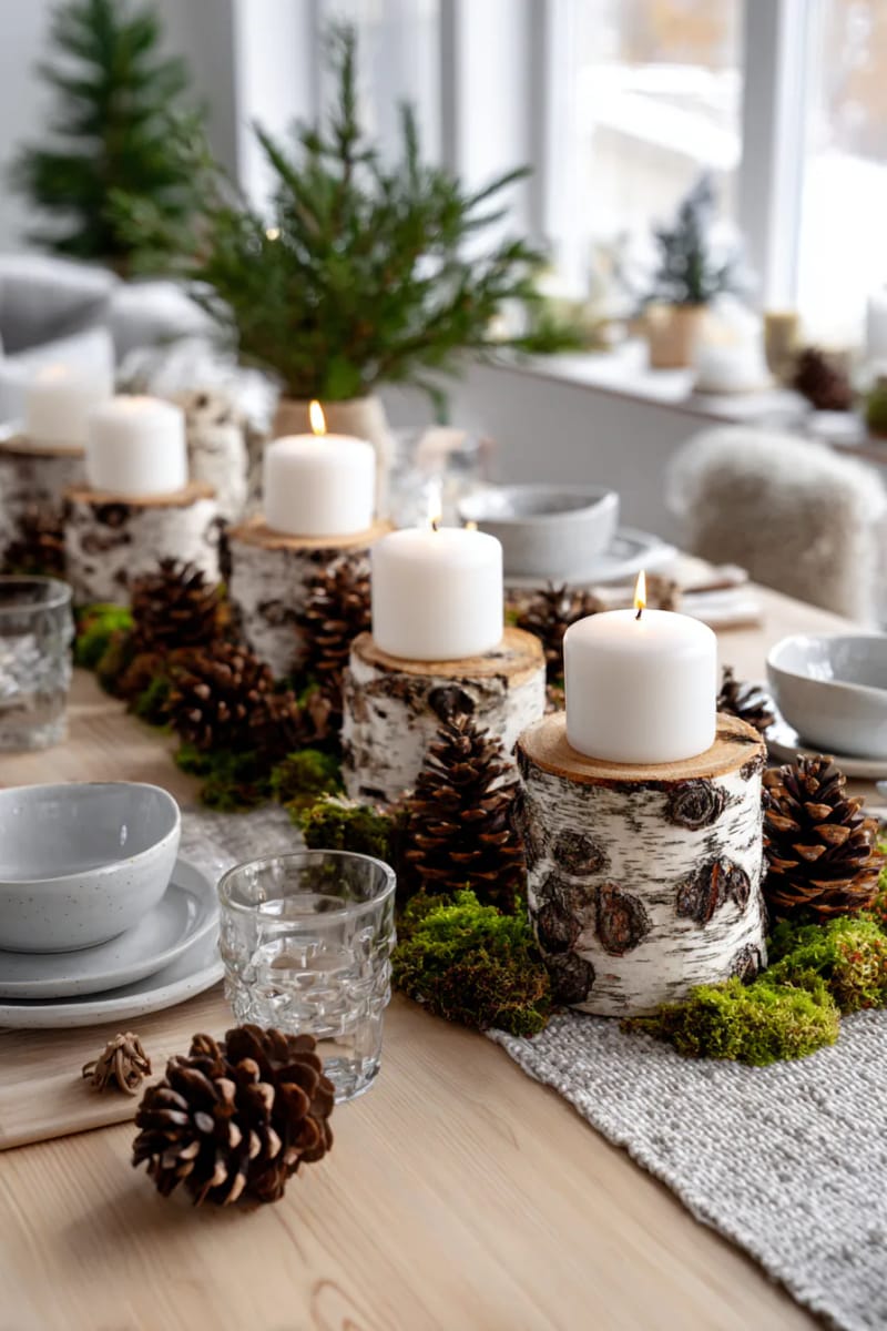 21 Scandinavian Christmas Decorations Ideas To Bring Nordic Charm at Home 15 birch log candleholders surrounded by pinecones and moss on a dining table 1