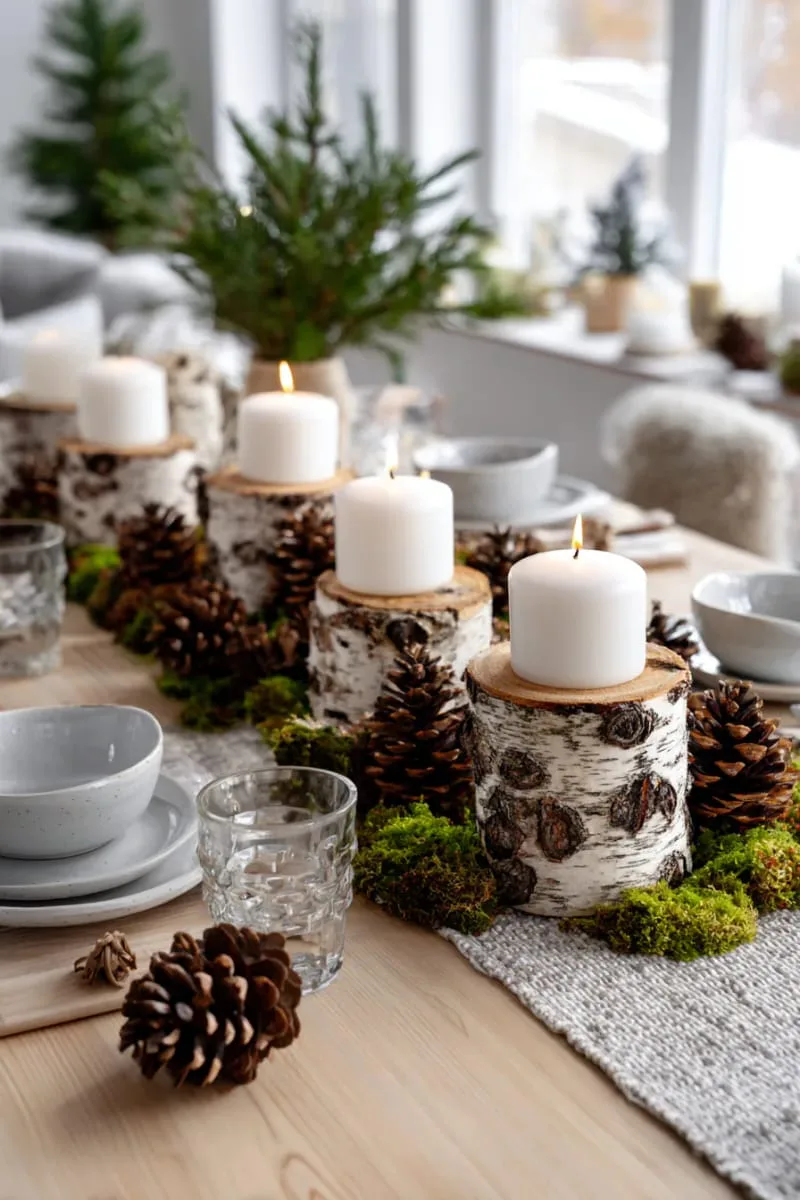 birch log candleholders surrounded by pinecones and moss on a dining table 1