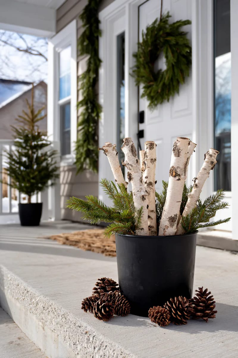 birch logs in a metal bucket surrounded by pine cones 1