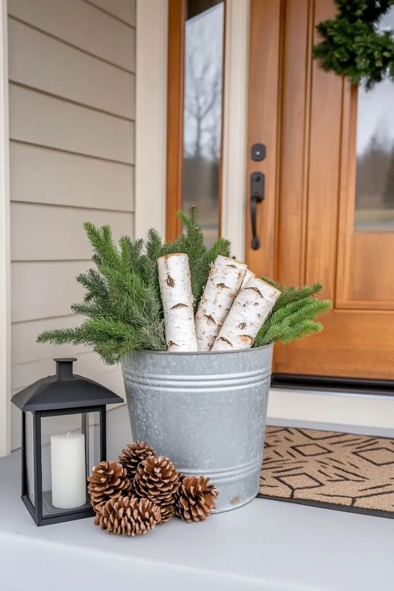 birch logs in a metal bucket surrounded by pine cones 1