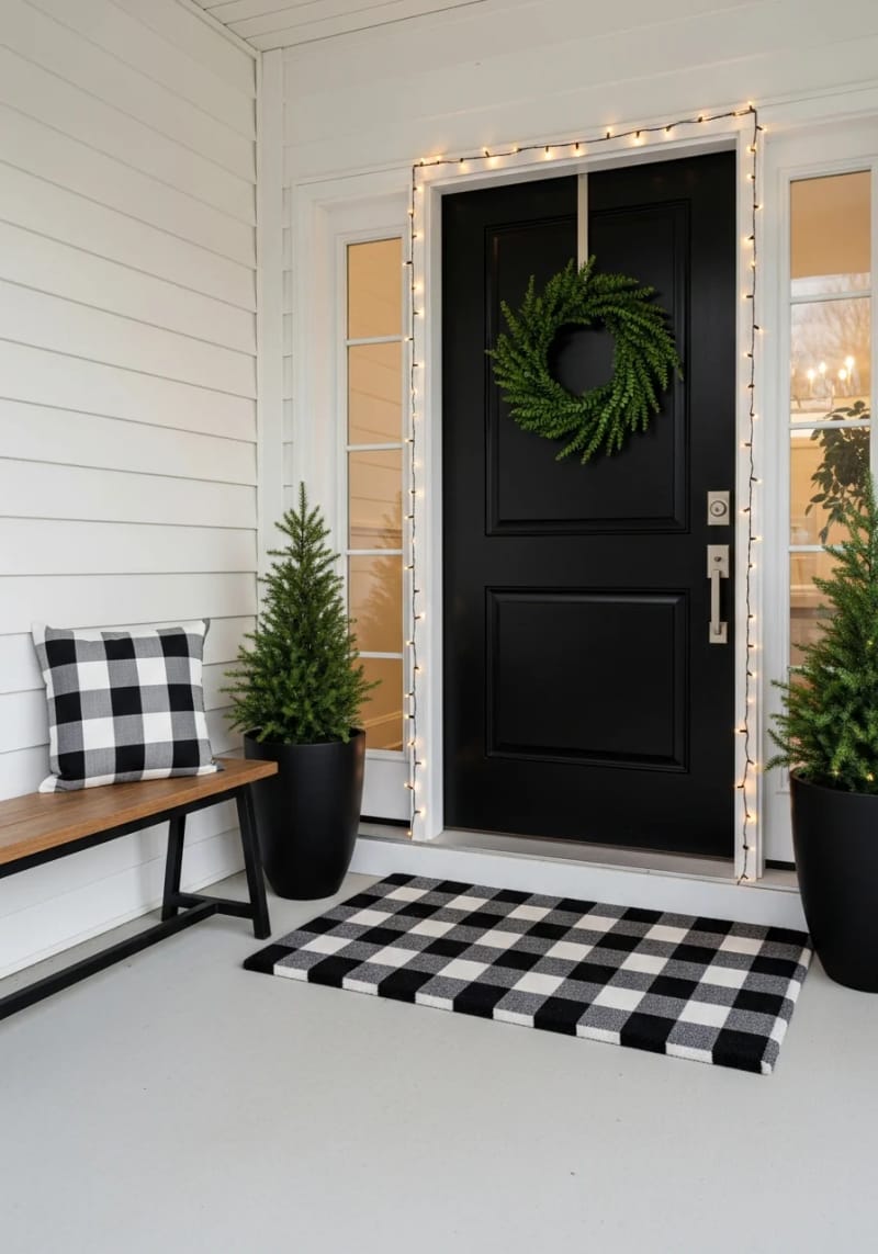 black and white buffalo check doormat with matching throw pillow 1